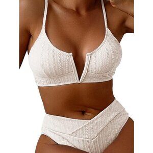 Women's V Cut High Wired Cami Two Pieces Swimsuit Bikini Ribbed